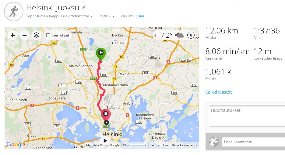 Keskuspuisto ulottuu pitkälle. Helsinki City Trail -tapahtuman 12 km reitti Paloheinästä Olympiastadionille sisältää yllättäen jopa 9 km polkuja, 2 km hiekkapitoista ulkoilutietä, 0,1 km pururataa ja vain n. 0,9 km asfalttia. Kuva: KivaaTekemistä.fi/ Garmin Connect